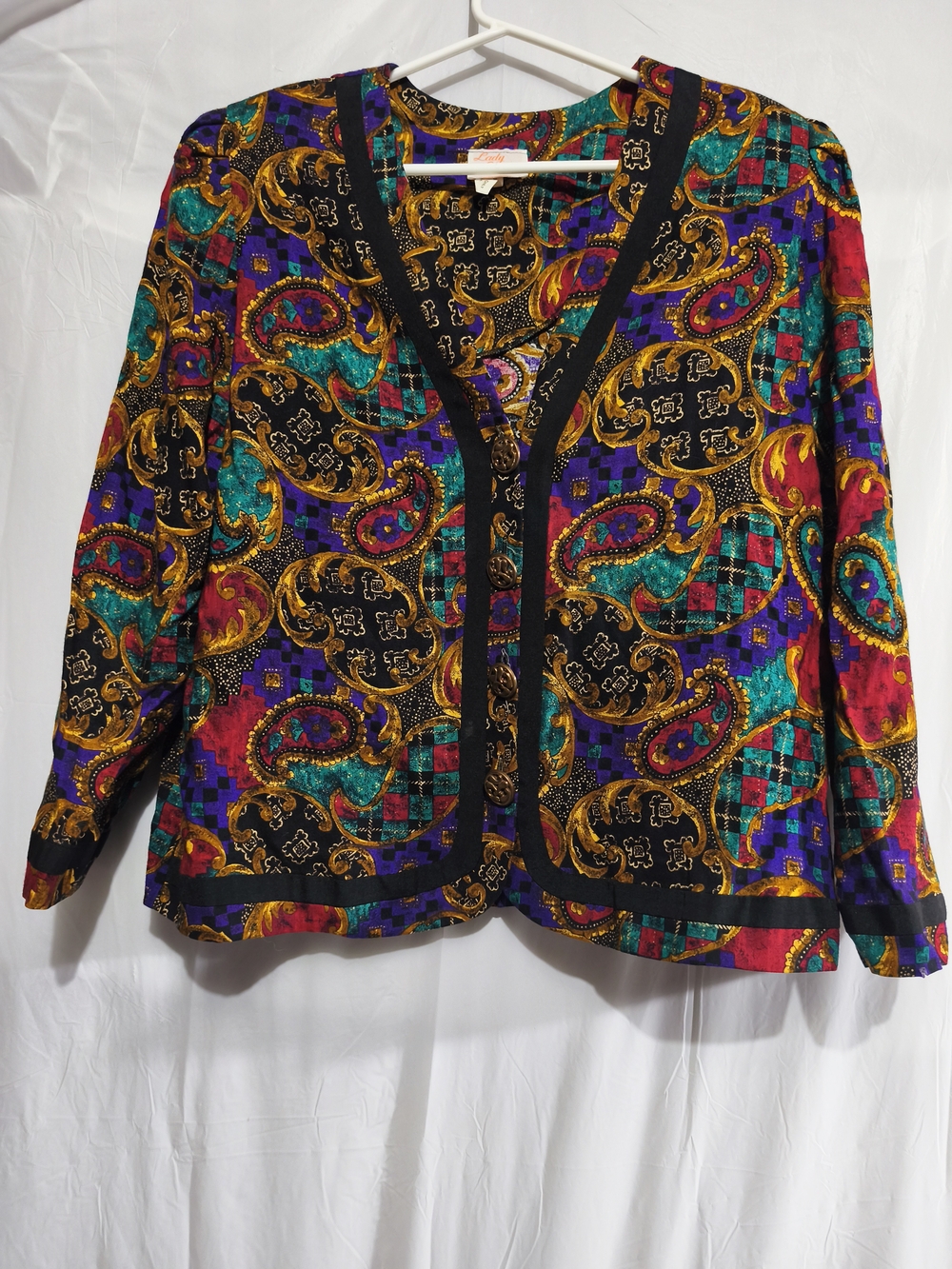 Paisley Print Button-Front Jacket-Style Top in Purple, Teal & Gold